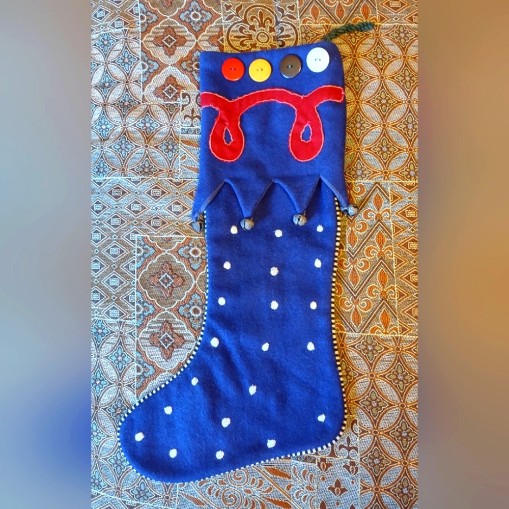 Vintage Crate & Barrel Blue Wool "Bells with Snowflakes" Christmas Stocking